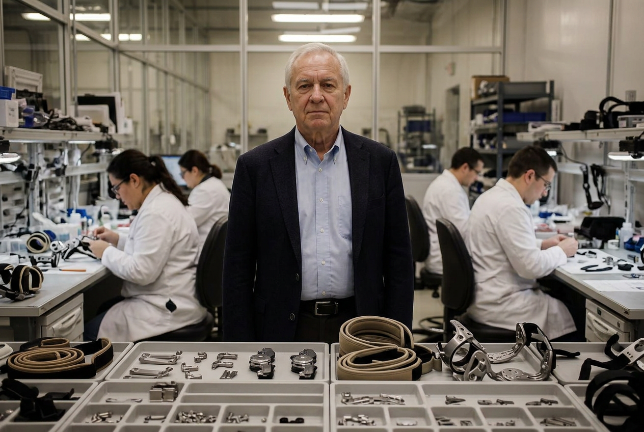 The founder standing on the production floor of his orthopedic device facility, technicians assembling brace hinges and supports at benches behind him