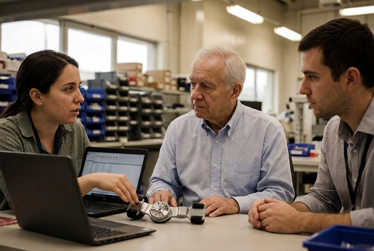 The founder listening at a workbench with two engineers, a device component and a laptop between them