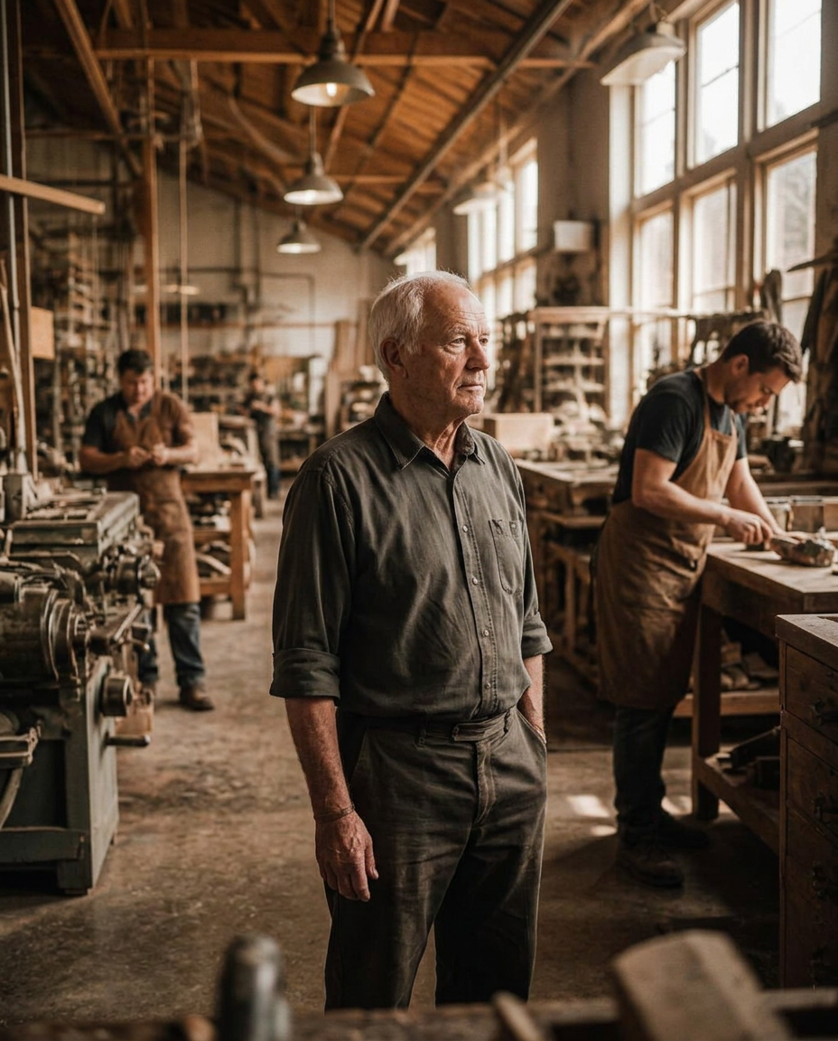 An older founder standing on the shop floor while employees continue working at their benches