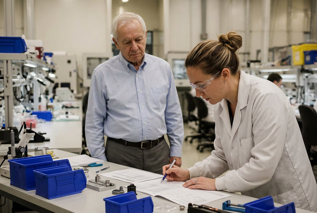 The founder standing back beside a younger employee reviewing production documents on the floor