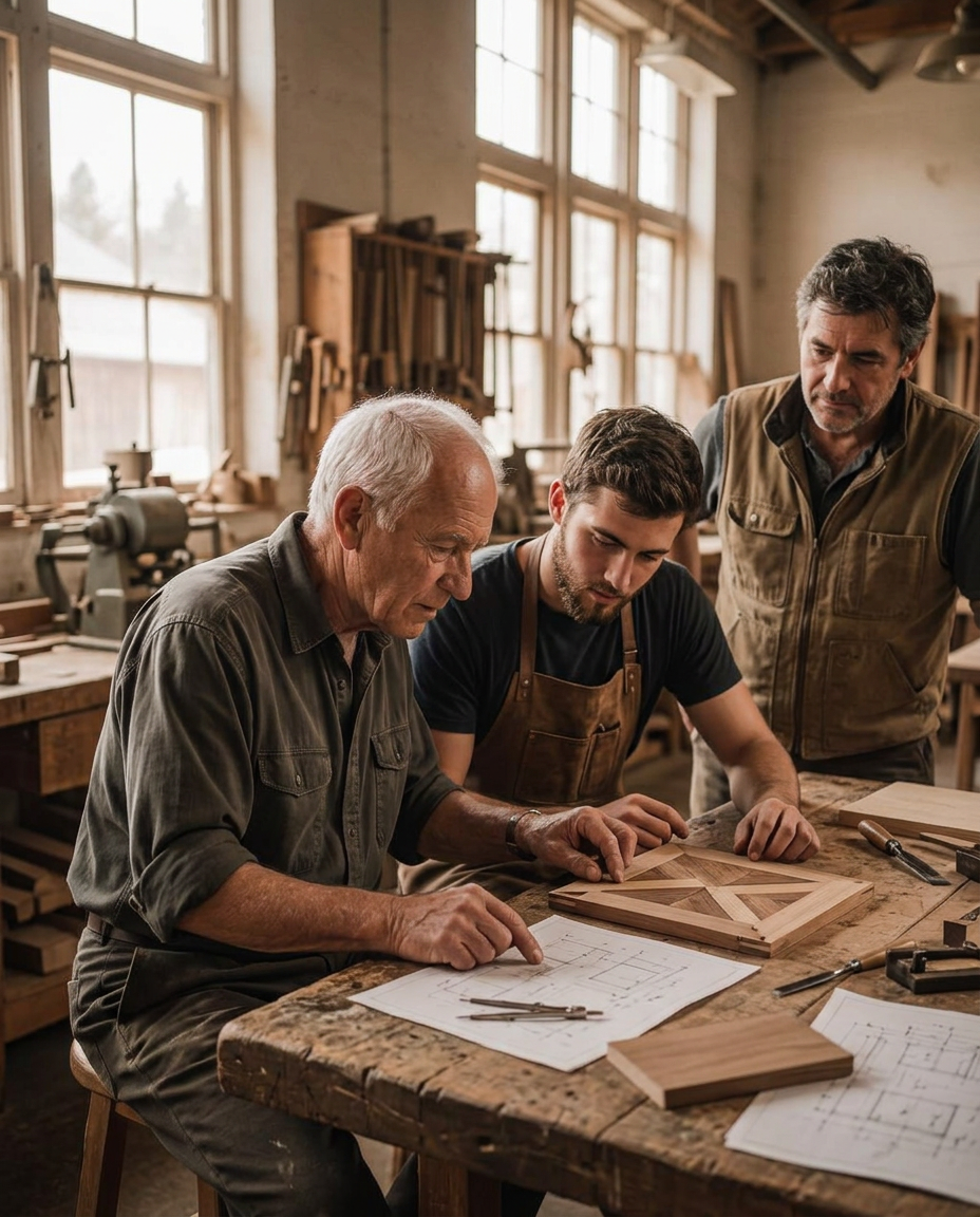 Three generations of craftspeople gathered around a workbench, looking over plans together
