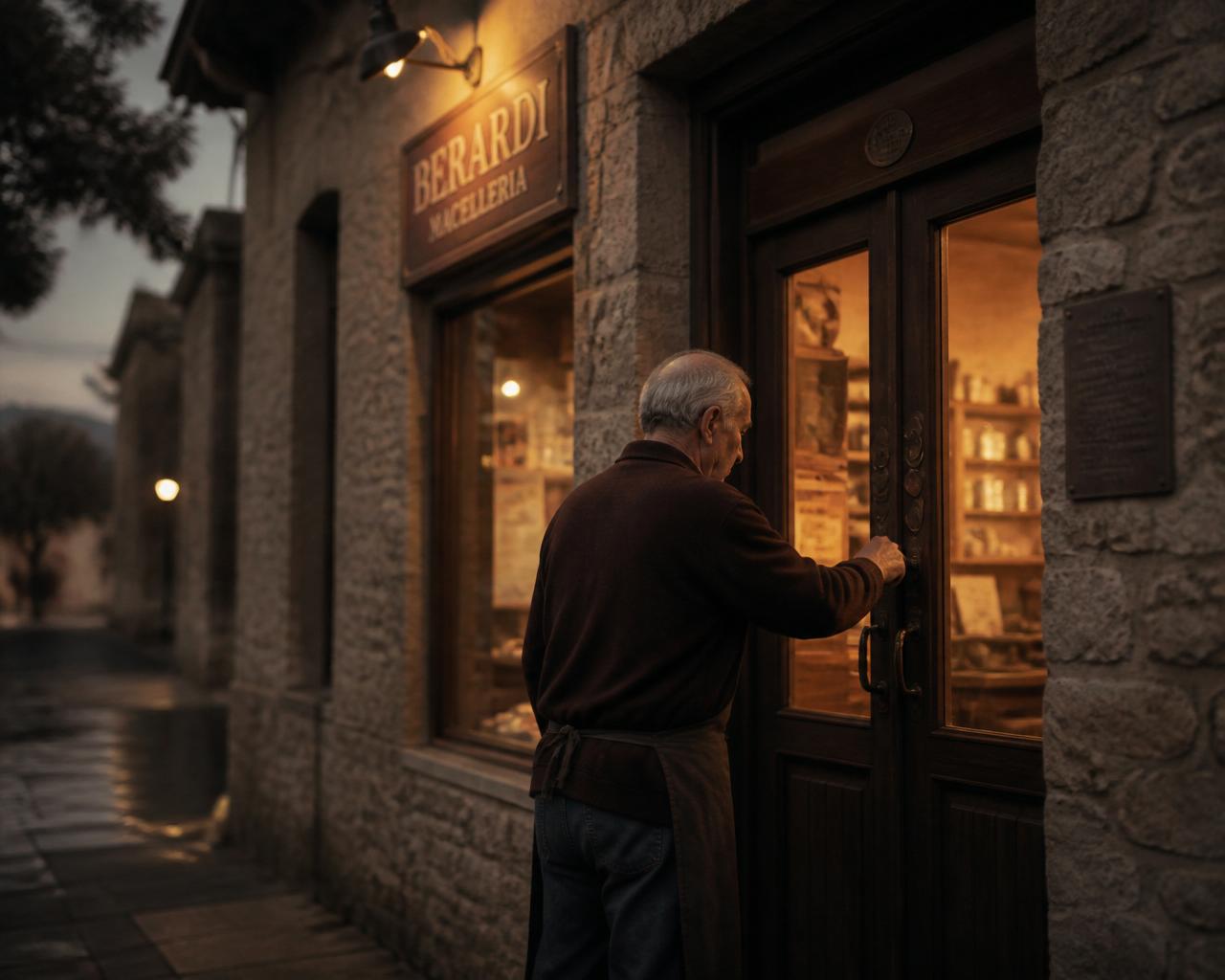 A founder locking the door of his business at dusk, warm light spilling from within